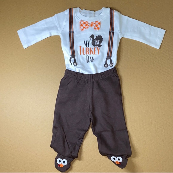 Baby's First Thanksgiving Turkey Day Two Piece Outfit - Picture 1 of 10